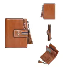 Women’s PU Leather Wallet with Tassel – Fashionable Oil-Wax Trifold Short Wallet & Zipper Coin Purse