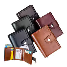 Men's Retro Metal & PU Leather Wallet – RFID Anti-Theft Minimalist Card Holder