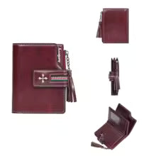 Women’s PU Leather Wallet with Tassel – Fashionable Oil-Wax Trifold Short Wallet & Zipper Coin Purse