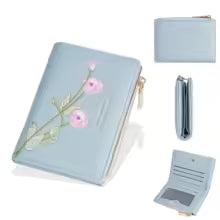 Women’s Embroidered Flower Short Wallet – Zipper Coin Purse & Card Holder