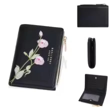 Women’s Embroidered Flower Short Wallet – Zipper Coin Purse & Card Holder