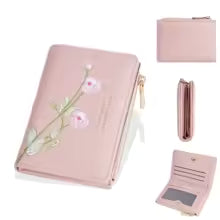 Women’s Embroidered Flower Short Wallet – Zipper Coin Purse & Card Holder