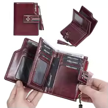 Women’s PU Leather Wallet with Tassel – Fashionable Oil-Wax Trifold Short Wallet & Zipper Coin Purse