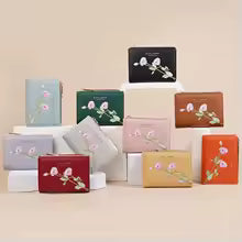 Women’s Embroidered Flower Short Wallet – Zipper Coin Purse & Card Holder