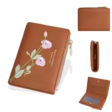 Women’s Embroidered Flower Short Wallet – Zipper Coin Purse & Card Holder