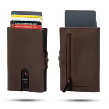 Casekey Custom Logo Men’s Crazy Horse Leather Smart Wallet – RFID Protection Pop-Up Aluminum Card Holder