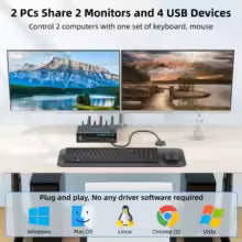 4K@144Hz KVM Switch 2 Monitors 2 Computers 8K@60Hz,HDMI + Displayport Dual Monitor KVM with 4 USB 3.0 Port for Keyboard Mouse Bratia Tools
