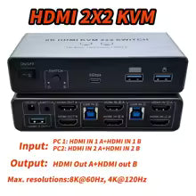 8K HDMI 2.1 KVM Switch Dual Monitor HDMI 2.1+HDMI 2.1 KVM Switch 2X2 or HDMI 2.1+DisplayPort 1.4 KVM Switch Extended Display Bratia Tools