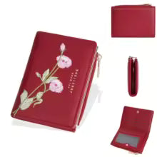 Women’s Embroidered Flower Short Wallet – Zipper Coin Purse & Card Holder