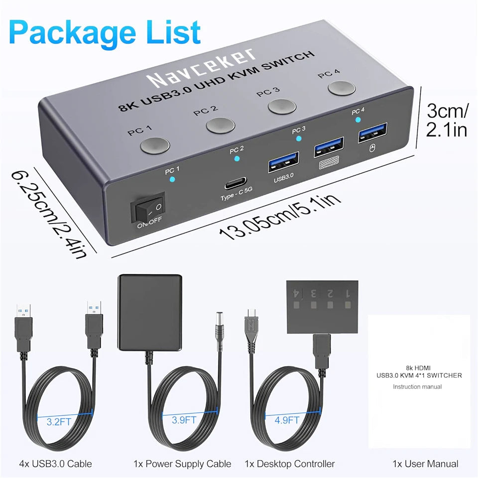 Navceker 4K 240Hz HDMI KVM Switch – 4×1, 8K Support & USB 3.0 Hub Bratia Tools